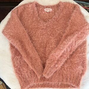 Pink Rose Fuzzy V-Neck Sweater in Blush